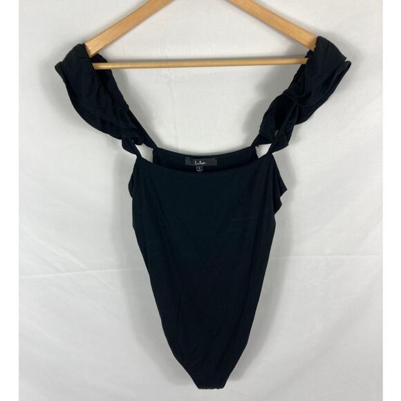 Lulus Black Ruffle Sleeve Ribbed Bodysuit Size Large - Picture 1 of 4